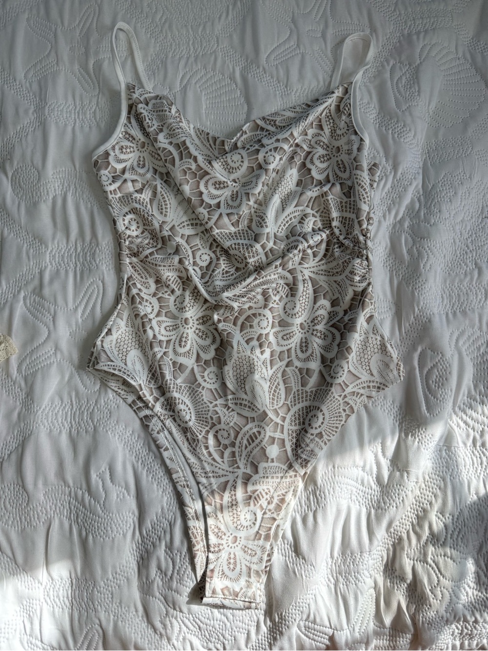 SHEIN Floral Lace One-Piece Swimsuit - White, Beige